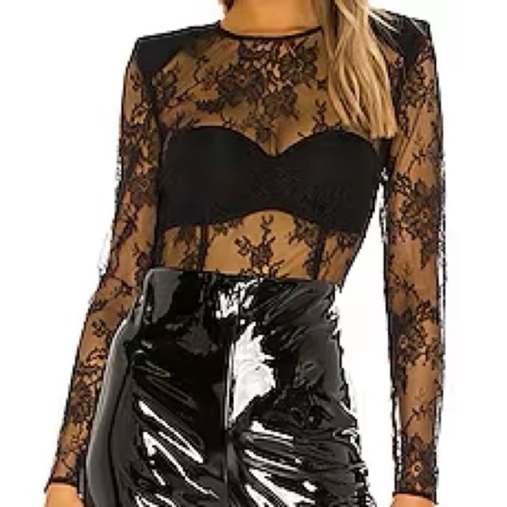 Michael Costello x REVOLVE Lace Power Shoulder Top in Black